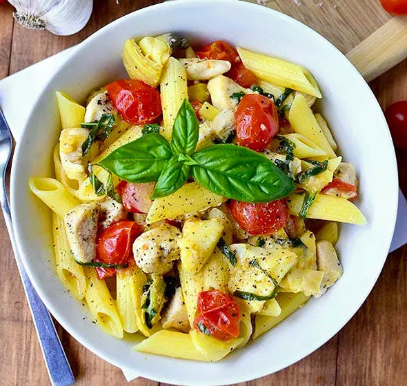 bowl of mediterranean chicken pasta