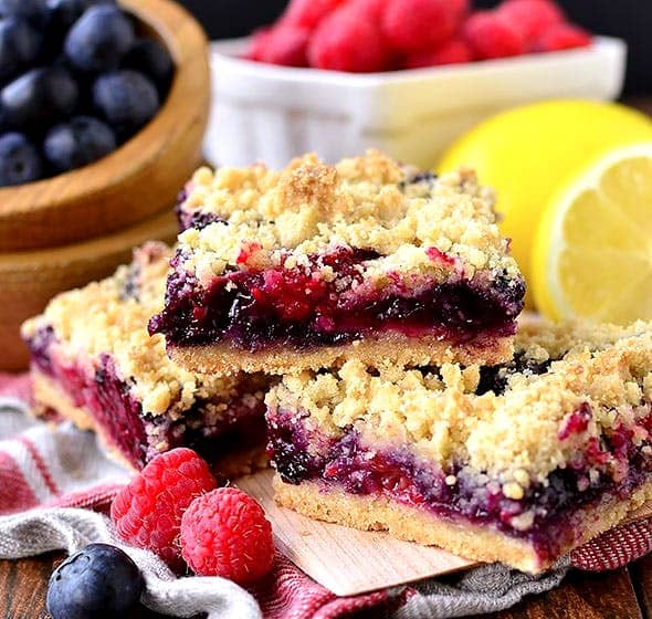 stack of triple berry crumb bars