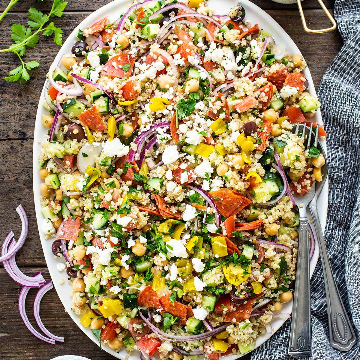 italian quinoa salad on a platter