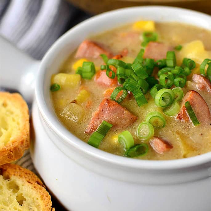 bowl of potato kielbasa soup