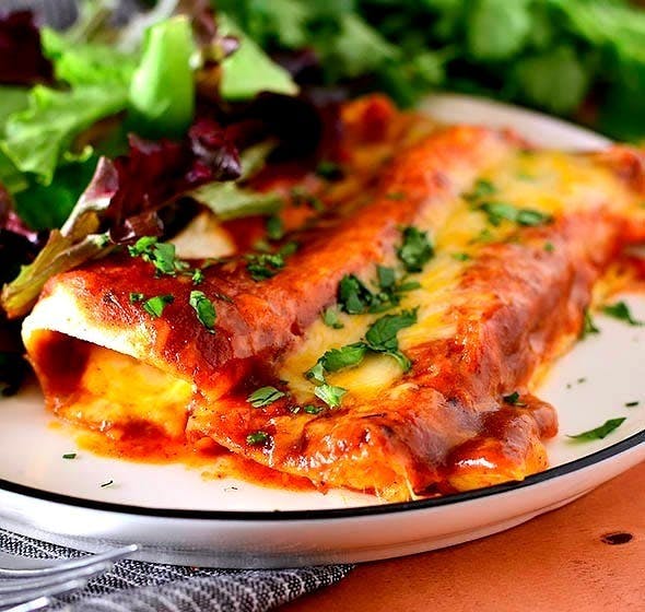 Plate of cheese enchiladas with red sauc