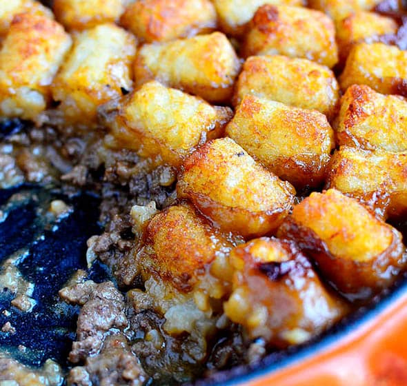 skillet of tater tot casserole