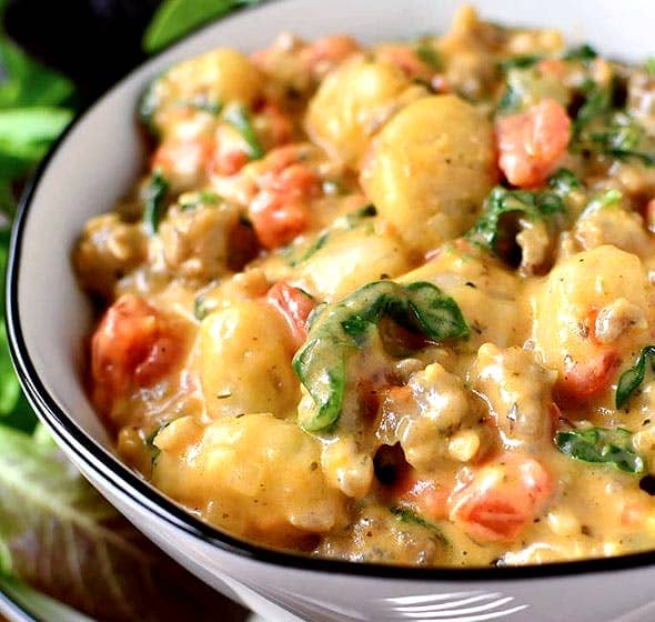 bowl of cheesy Gnocchi Florentine