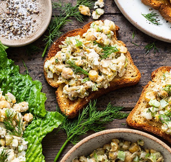 overhead photo of chickpea salad on toasted bread