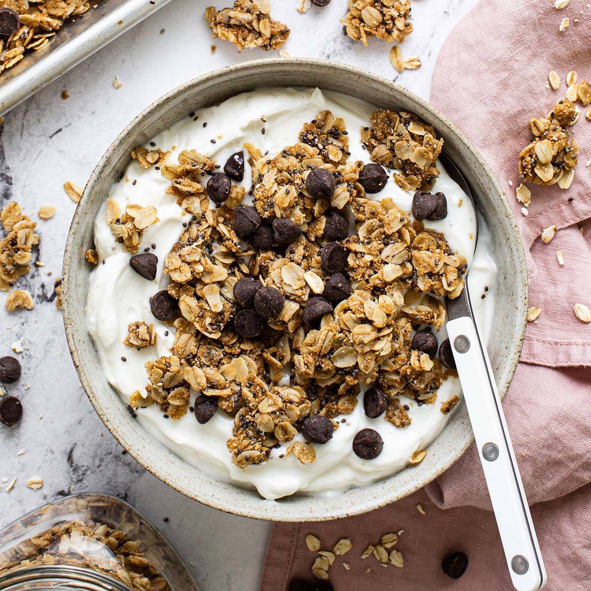 chocolate chip cookie granola over greek yogurt