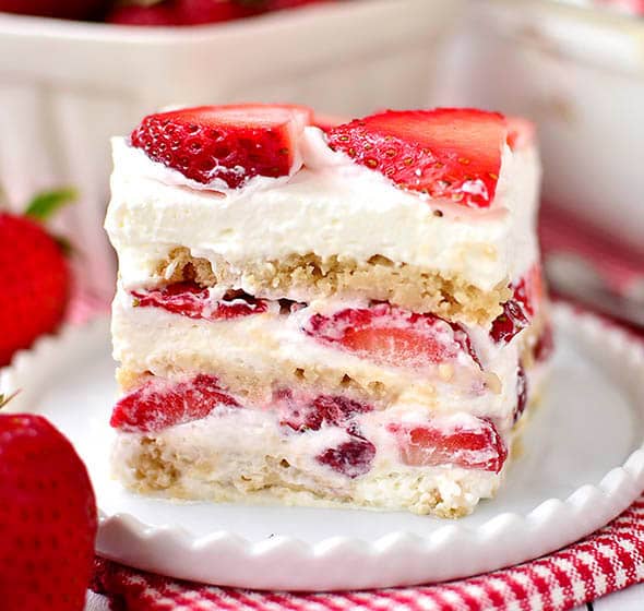 slice of strawberry shortcake icebox cake on plate