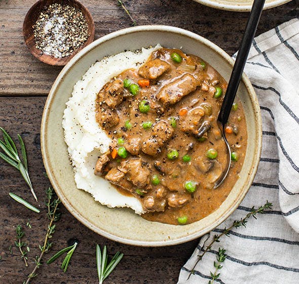 overhead bowl of beef stew