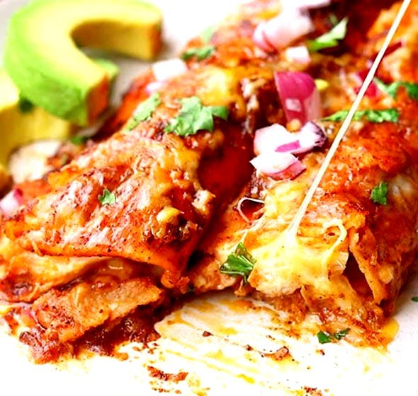 plate of chicken enchiladas with red saucee