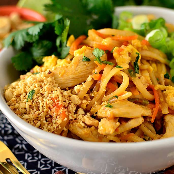 bowl of homemade chicken pad thai
