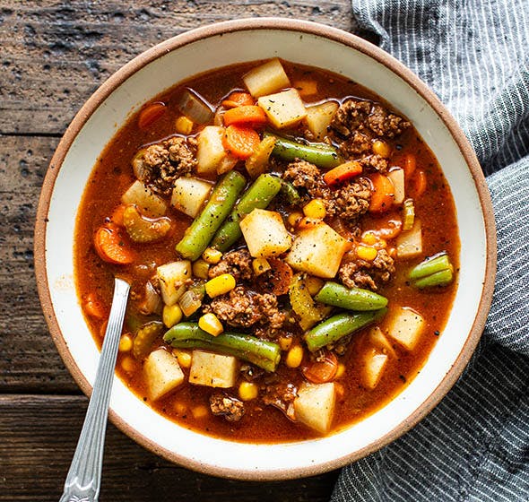 overhead of bowl of hamburger soup