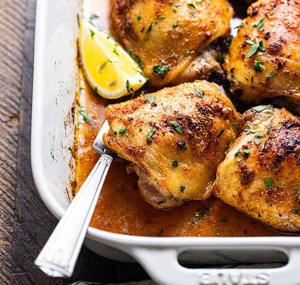 dish of baked chicken thighs