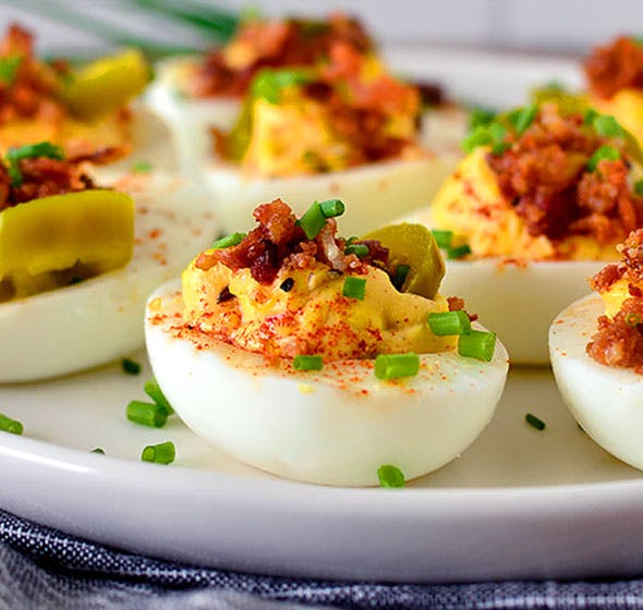 plate of loaded deviled eggs