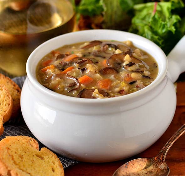 bowl of creamy wild rice mushroom soup