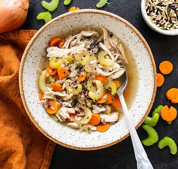 bowl of crock pot chicken and wild rice soup