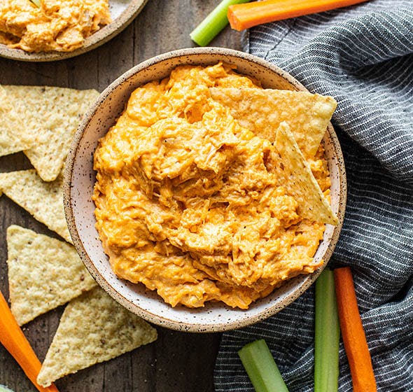 Overhead photo of bowl of buffalo chicken dipp