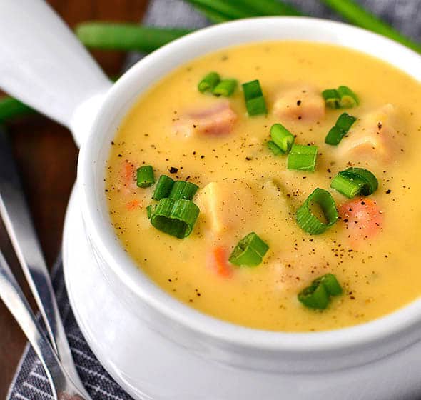 bowl of cheesy ham and potato soup