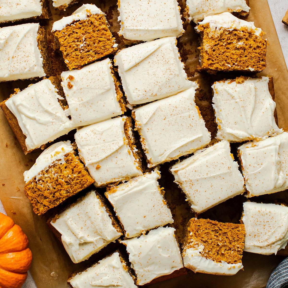 gluten free pumpkin cake bars with cream cheese frosting
