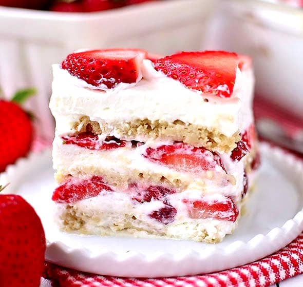 slice of strawberry shortcake icebox cake on plate