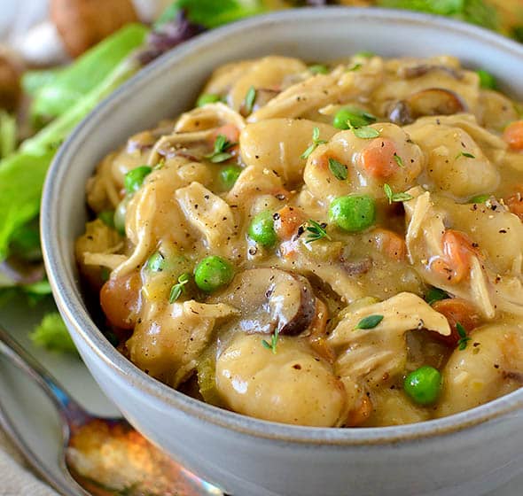 bowl of one pot gnocchi chicken pot pie