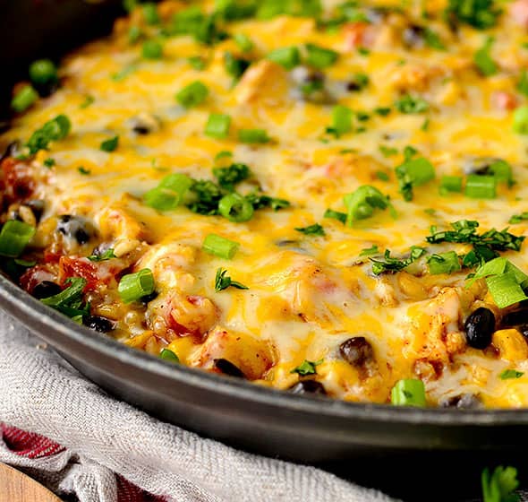 platter of cheesy chicken burrito skillet