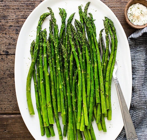 overhead photo of platter of air fryer asparagus