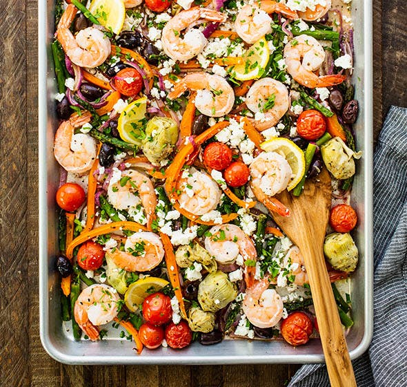 sheet pan of shrimp and vegetables