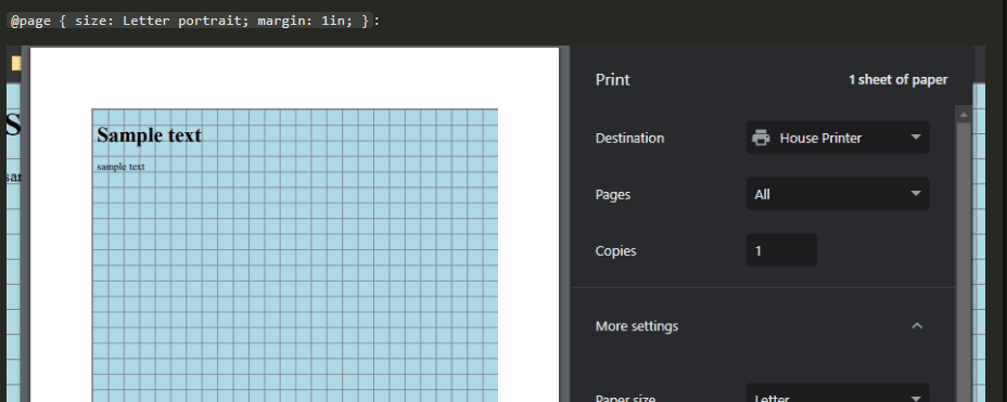 Print dialog for a webpage