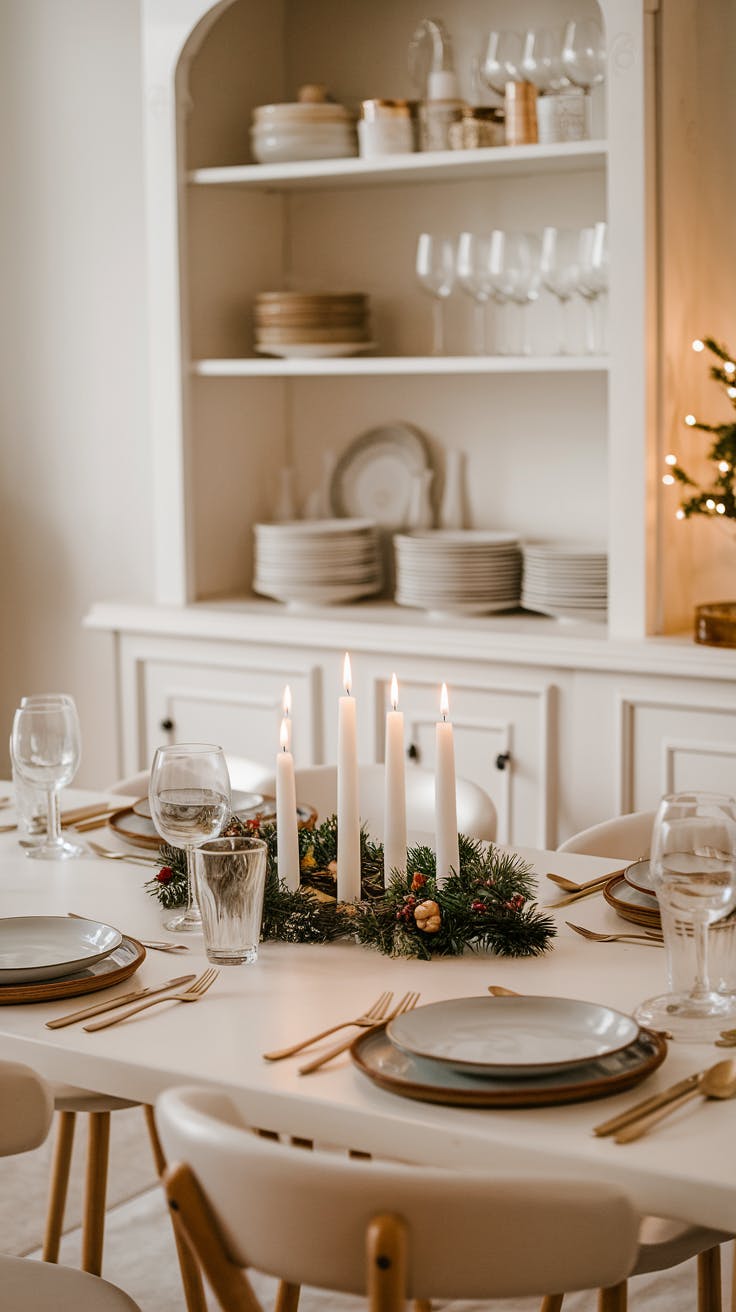 A holiday tablescape with a minimalist and elegant setup featuring a white dining table adorned with a festive centerpiece of tall white candles surrounded by evergreen sprigs and red berries. The table is set with simple, stacked plates, gold cutlery, an