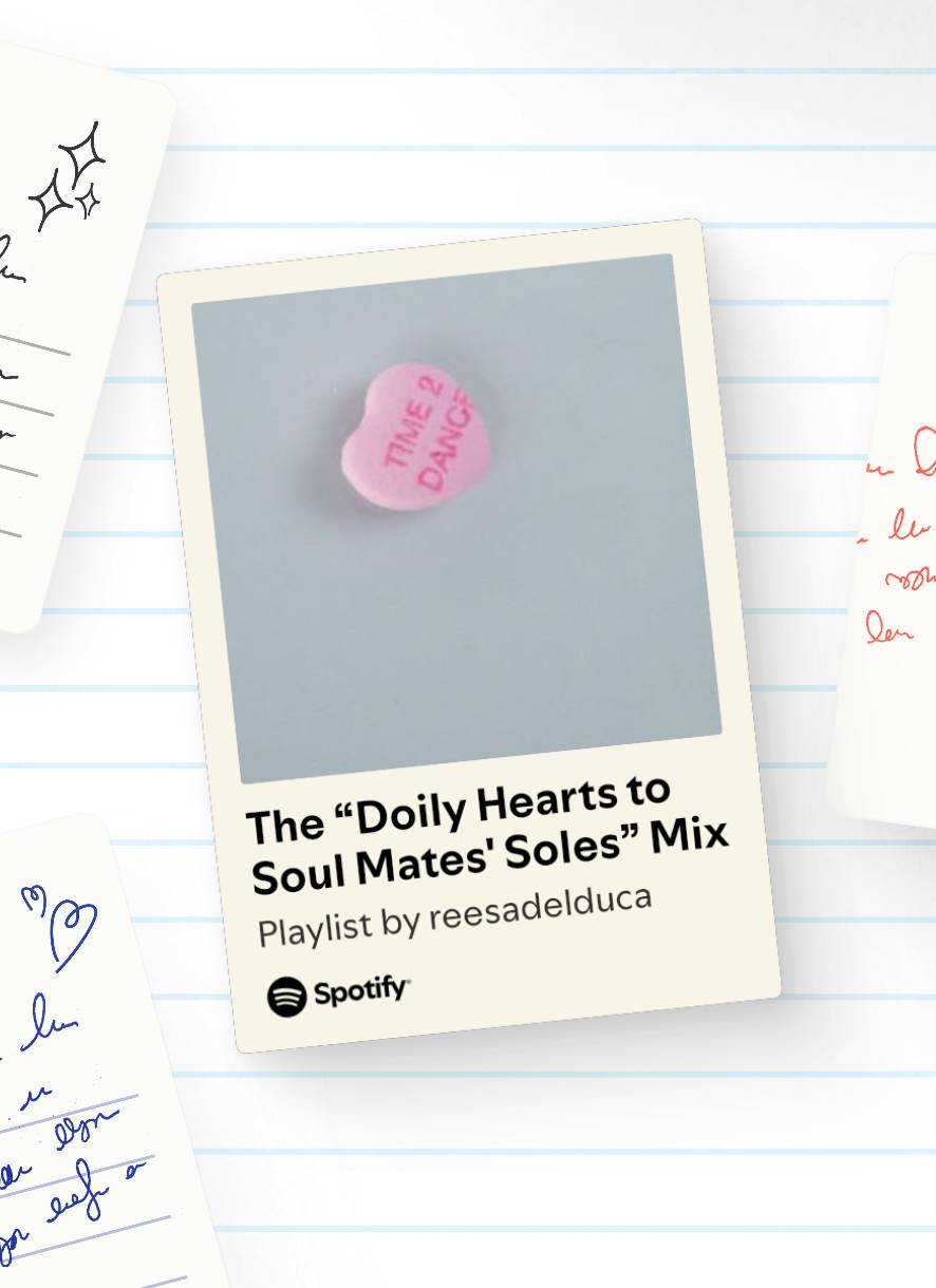 a candy heart that says "time 2 dance" is the image on a polaroid, with the caption: The "doily hearts to soul mates' soles" mix