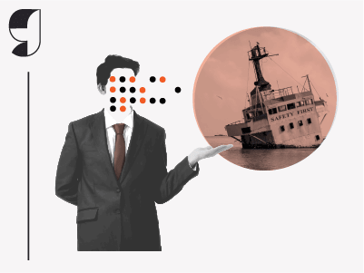 Friction & Reflection title image shows a faceless businessman with dot pattern where his face should be. His hand is gesturing to offer another image of a sinking ship with the name: Safety First