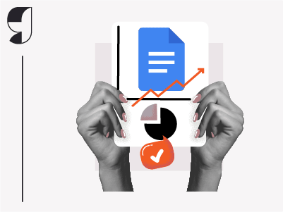 Hands holding up a sheet with the Google Docs icon and productivity imagery, including upward trending arrow, and a comment with a checkmark.