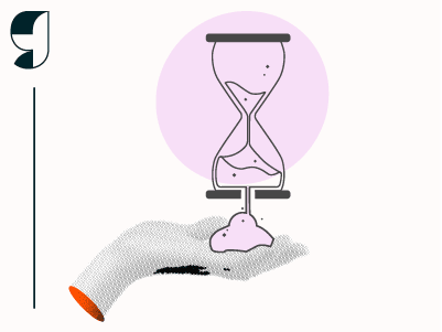 A low-fi hand is held under an hourglass that is spilling its sand out of the bottom, as though time isn't only running out, but it's also impossible to attempt to organize.