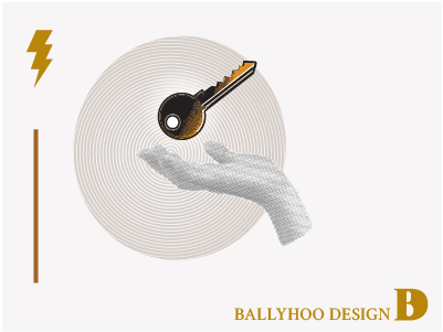 Ballyhoo Design logo, lightning bold, and a vintage looking hand with a halftone print pattern awaiting a key to drop down