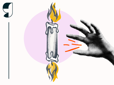 A halftone-style vector illustration of a candle burning at both ends, with melted wax dripping from each flame, beside a hand recoiling as if flinching from the heat.