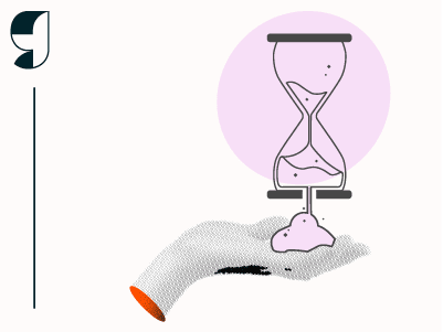 a low-fi hand catches sand falling out of the bottom of an hourglass that is running out of time