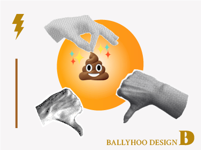 Image of one hand gingerly lowering a sparkling, smiling poop emoji and two hands below rejecting it with a thumbs down.