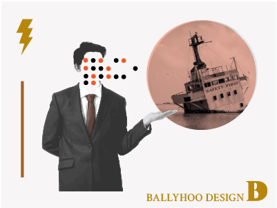 Friction & Reflection title image shows a faceless businessman with dot pattern where his face should be. His hand is gesturing to offer another image of a sinking ship with the name: Safety First