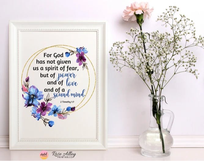 Scripture, Typography Print, Christian, Religious Poster, 2 Timothy 1:7 NKJV Bible Verse Wall Art