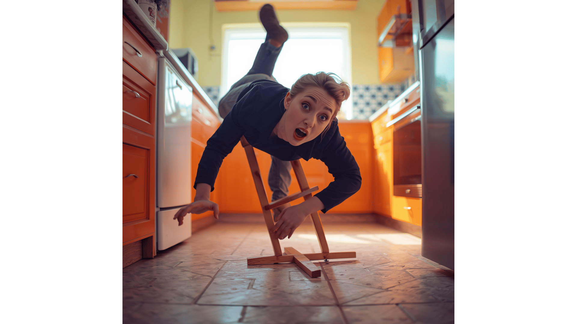 woman falling off stool with broken leg
