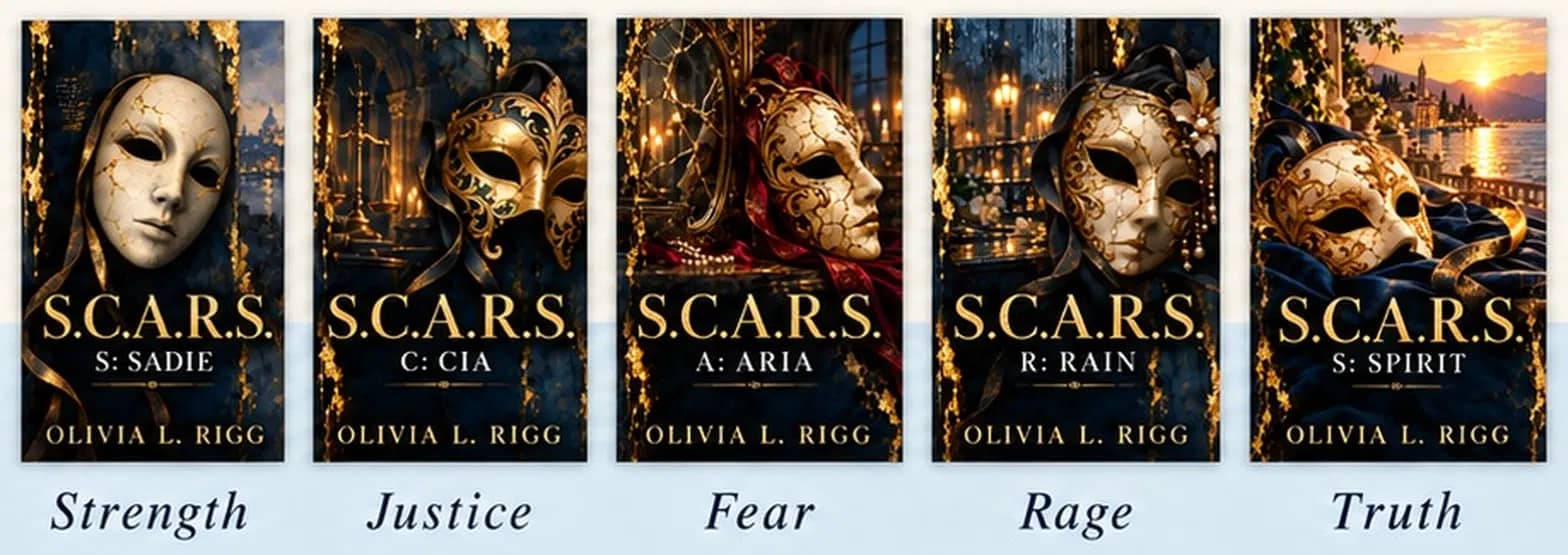 The five S.C.A.R.S. covers: S: Sadie (Strength), C: Cia (Justice), A: Aria (Fear), R: Rain (Rage), S: Spirit (Truth).
