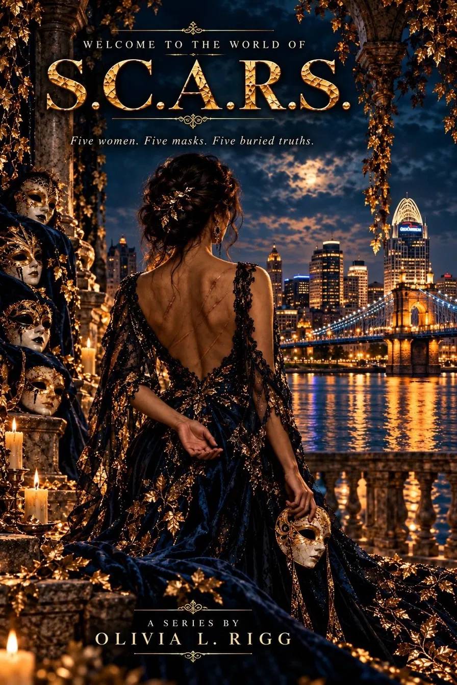 Welcome to the World of S.C.A.R.S. A woman in a black and gold gown holds a mask beside a river at night. A series by Olivia L. Rigg.