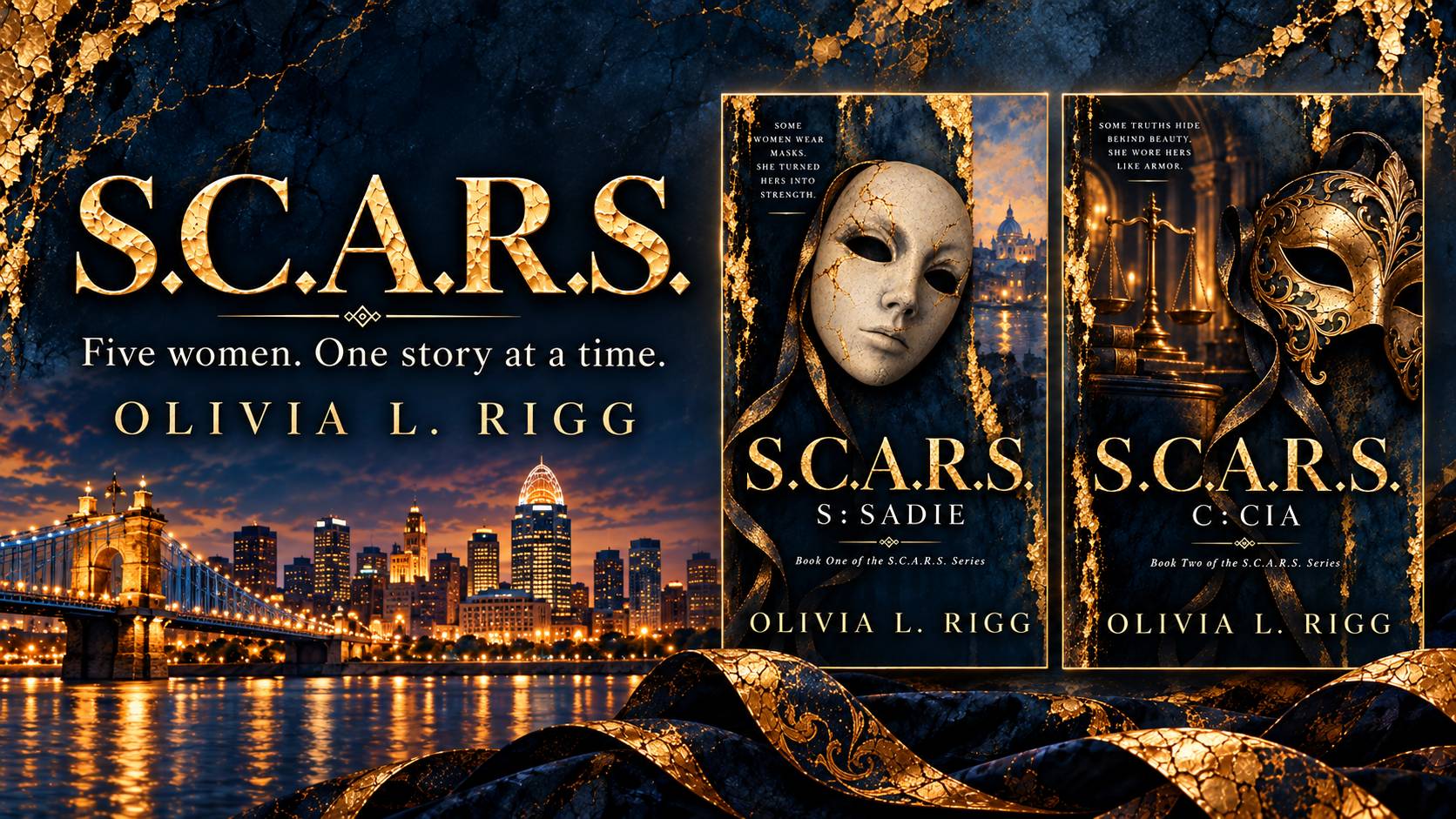 S.C.A.R.S. by Olivia L. Rigg, with the covers of S: Sadie and C: Cia over a city skyline at night.