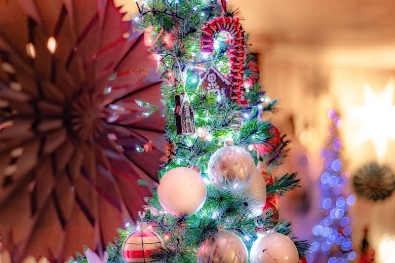 A decorated christmas tree with ornaments and lights.