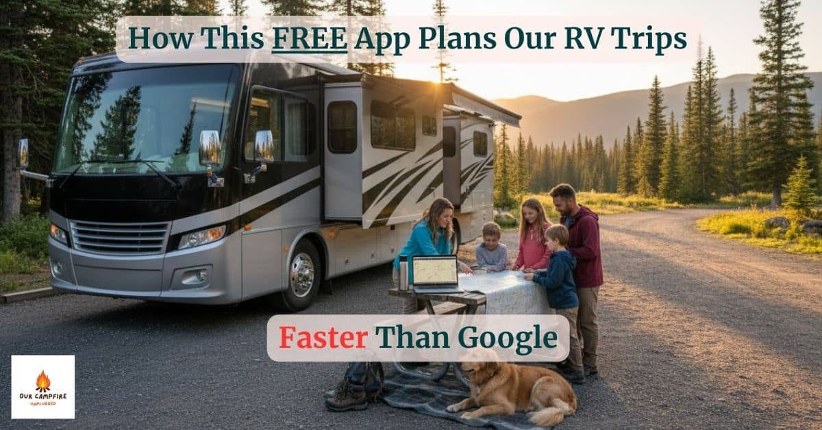 Family around campground picnic table planning a RV trip with ChatGPT. If ChatGPT feels overwhelming, well checkout ChatGPT 101 for RVers