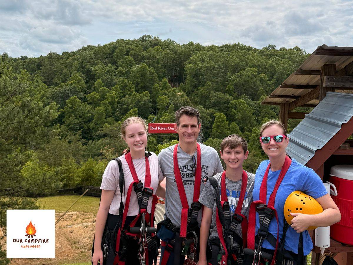 Family after zipline adventure in Red River Gorge