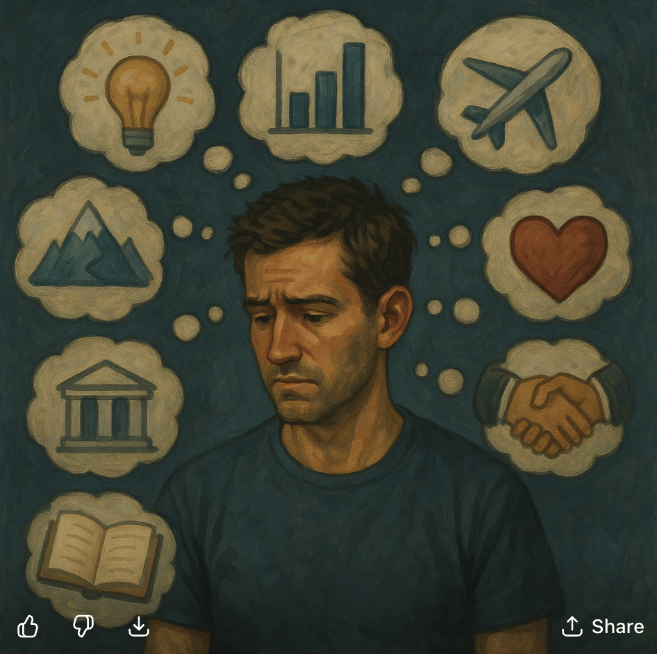 person with thought bubbles showing many goals