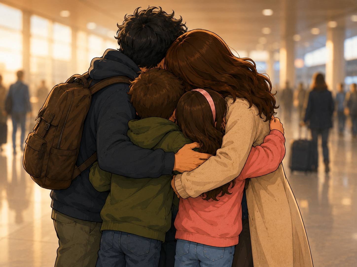 Family hugging at airport