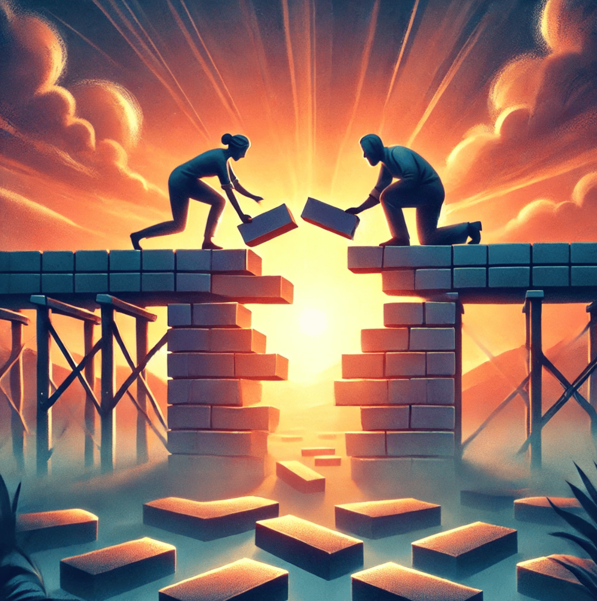 Two people putting bricks down to form bridge