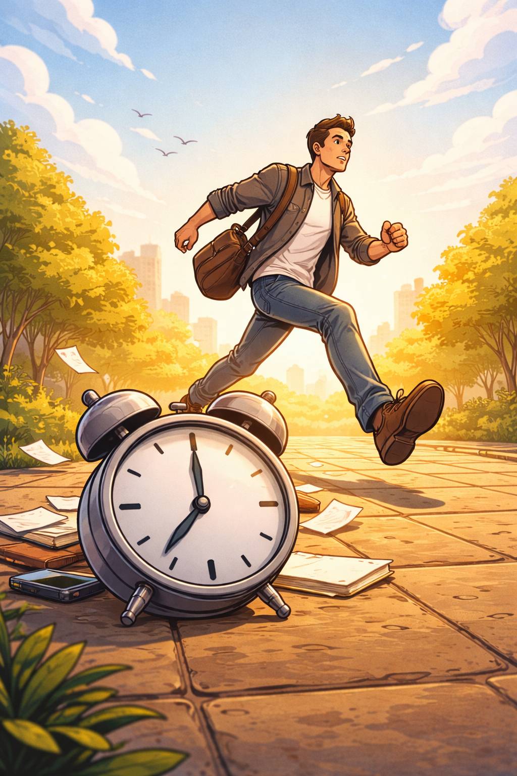 man running next to clock