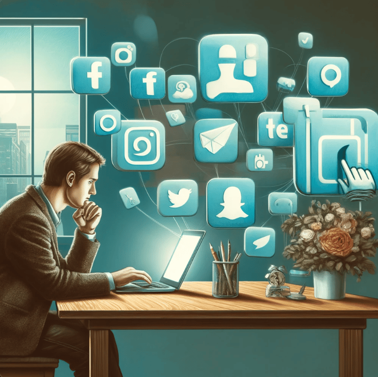 man on laptop with social media icons popping up